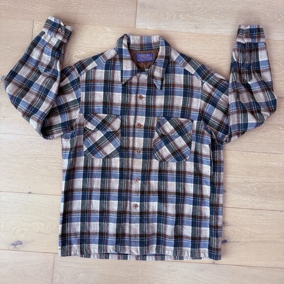 Vintage Pendleton Board Shirt Men Lg Blue Brown Wool Loop Collar Flannel 60s - Picture 1 of 14